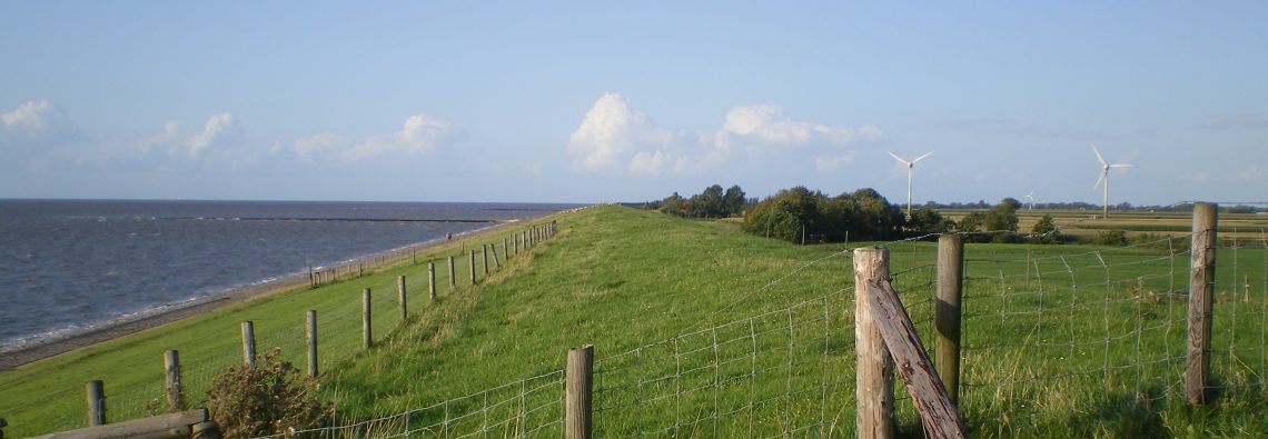 Weite Landschaft, grüner Deich und Meer, Deichland in Tossens / Butjadingen, Nordsee